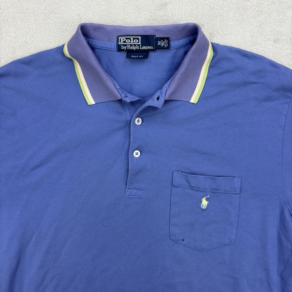 Vintage Polo Ralph Lauren Polo Mens Medium Blue Golf Fit Pony Striped Collar - Picture 2 of 9